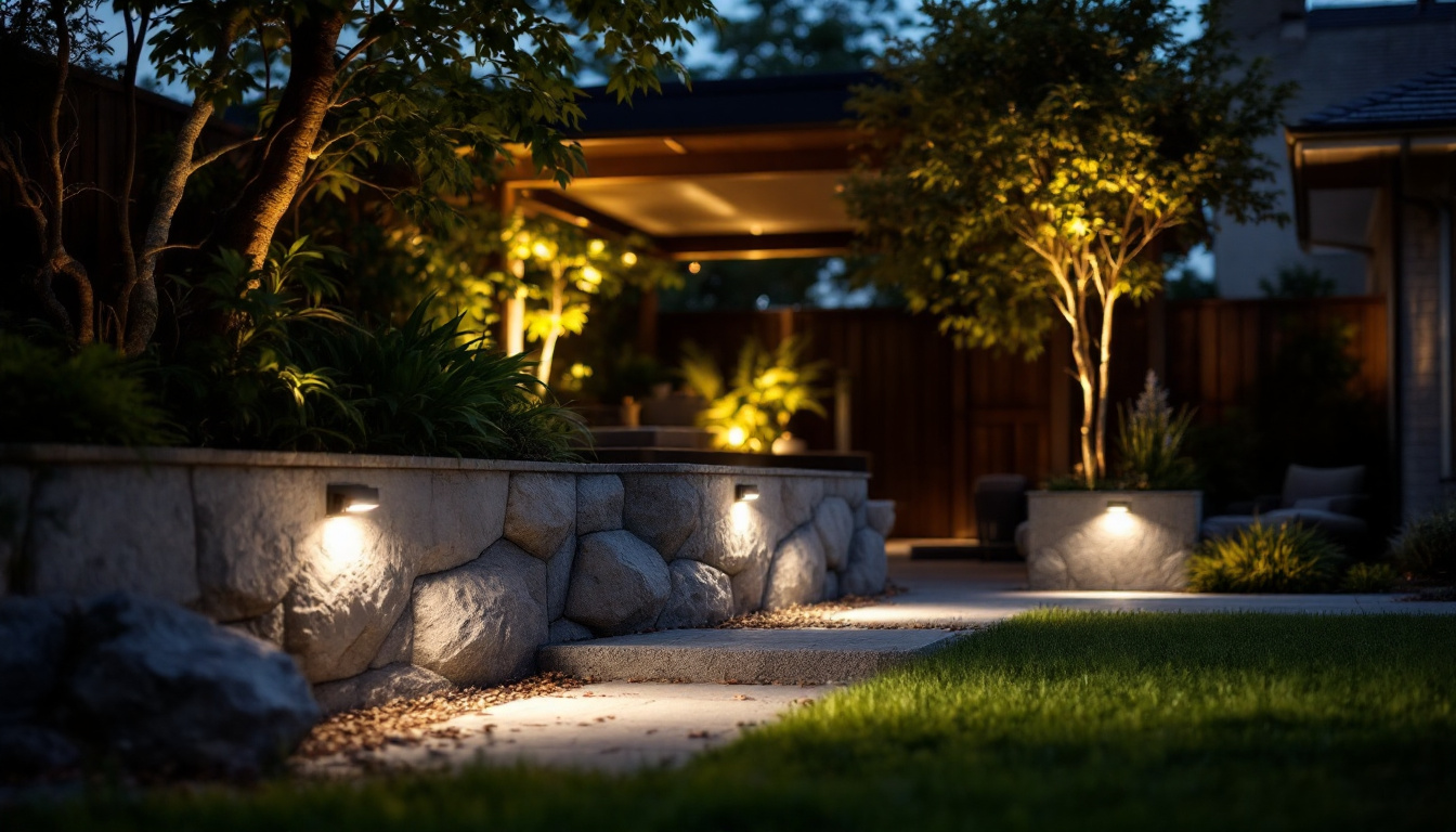 A photograph of a well-designed outdoor lighting setup featuring down-firing lights illuminating a garden or patio area at dusk