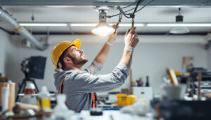 A photograph of a lighting contractor working on an overhead light installation