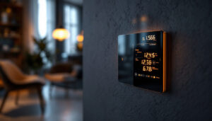 A photograph of a modern light switchboard in a stylish home setting