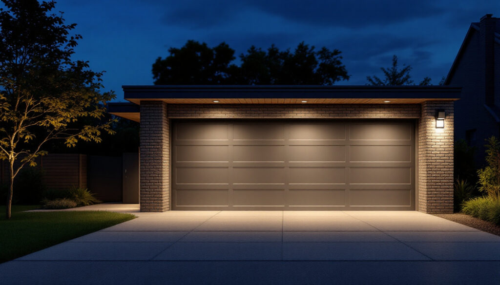 A photograph of a well-lit outdoor garage featuring motion sensor lights in action