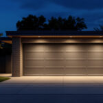 A photograph of a well-lit outdoor garage featuring motion sensor lights in action