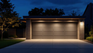 A photograph of a well-lit outdoor garage featuring motion sensor lights in action