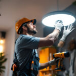 A photograph of a skilled lighting contractor installing modern ceiling led light fixtures in a stylish