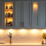A photograph of a beautifully lit kitchen cabinet with under-cabinet lighting showcasing various lighting techniques