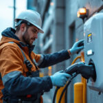 A photograph of a skilled lighting contractor installing a commercial electric vehicle charger in an urban setting