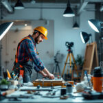 A photograph of a lighting contractor at work