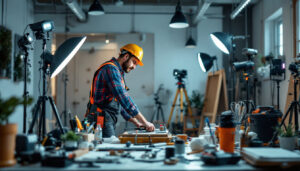 A photograph of a lighting contractor at work