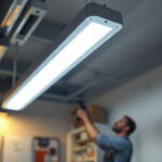 A photograph of a well-lit workspace featuring a fluorescent light fixture with a clear diffuser