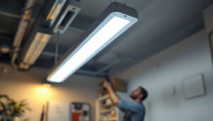 A photograph of a well-lit workspace featuring a fluorescent light fixture with a clear diffuser