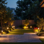 A photograph of a well-lit outdoor space showcasing a variety of solar sensor lights installed in a residential setting