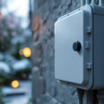 A photograph of a close-up of a weather-tight electrical box installed outdoors
