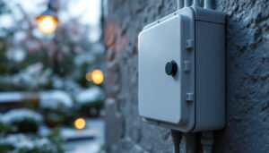 A photograph of a close-up of a weather-tight electrical box installed outdoors
