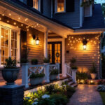 A photograph of a beautifully illuminated porch featuring various styles of outdoor lights