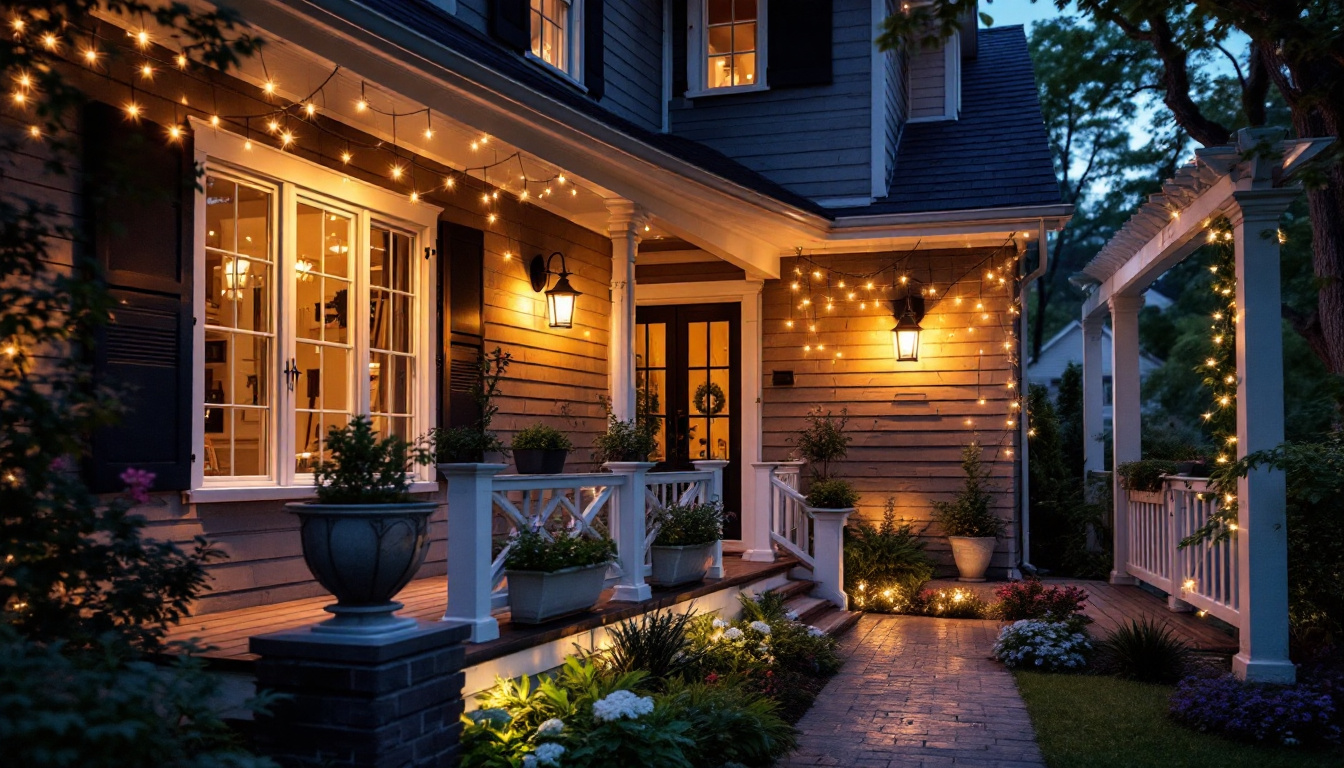 A photograph of a beautifully illuminated porch featuring various styles of outdoor lights