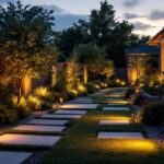 A photograph of a beautifully illuminated outdoor space featuring a variety of landscaping lights