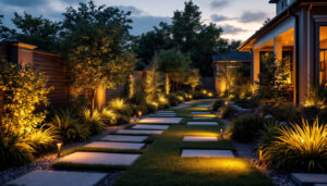 A photograph of a beautifully illuminated outdoor space featuring a variety of landscaping lights