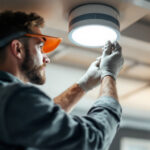A photograph of a skilled lighting contractor carefully replacing a 4-inch deep canned light fixture in a modern ceiling