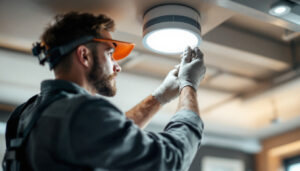 A photograph of a skilled lighting contractor carefully replacing a 4-inch deep canned light fixture in a modern ceiling
