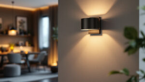 A photograph of a stylishly designed wall light mount in a contemporary living space