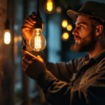 A photograph of a lighting contractor skillfully installing a vintage-style light bulb in a modern setting