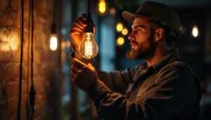 A photograph of a lighting contractor skillfully installing a vintage-style light bulb in a modern setting