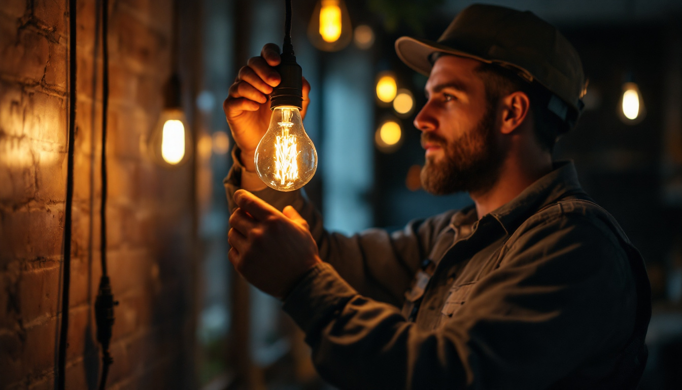 A photograph of a lighting contractor skillfully installing a vintage-style light bulb in a modern setting
