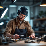 A photograph of a lighting contractor using innovative tools and technology in a well-lit workspace