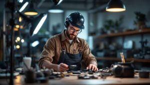 A photograph of a lighting contractor using innovative tools and technology in a well-lit workspace