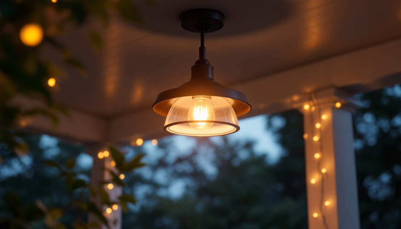 A photograph of a stylish ceiling porch light fixture elegantly illuminated in a cozy outdoor setting