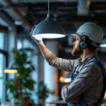 A photograph of a lighting contractor installing or showcasing a sleek commercial led light fixture in a modern workspace