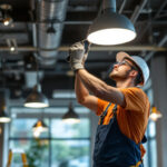 A photograph of a lighting contractor expertly installing energy-efficient lighting fixtures in a modern commercial space