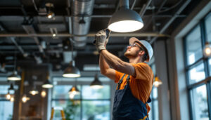A photograph of a lighting contractor expertly installing energy-efficient lighting fixtures in a modern commercial space