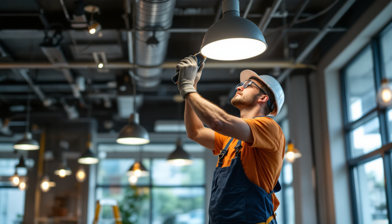 A photograph of a lighting contractor expertly installing energy-efficient lighting fixtures in a modern commercial space