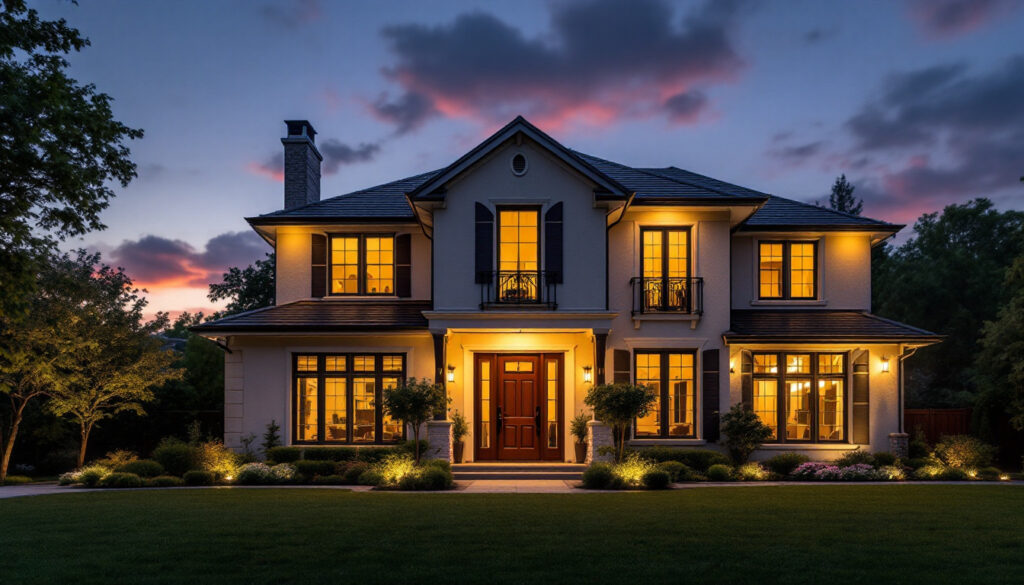 A photograph of a beautifully lit exterior of a house at dusk
