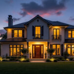 A photograph of a beautifully lit exterior of a house at dusk