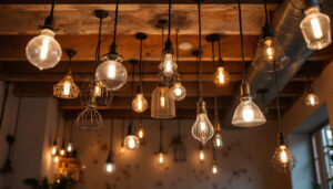 A photograph of a beautifully arranged ceiling with a variety of hanging lights