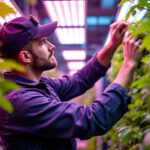 A photograph of a lighting contractor expertly installing or adjusting growers choice led lights in a vibrant indoor garden or greenhouse setting