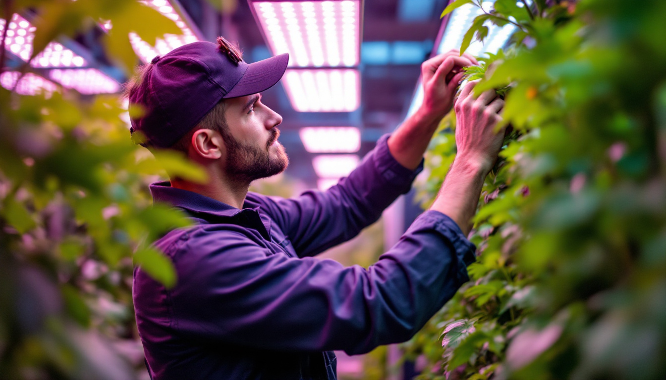 A photograph of a lighting contractor expertly installing or adjusting growers choice led lights in a vibrant indoor garden or greenhouse setting