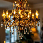 A photograph of a beautifully lit chandelier in an elegant setting