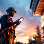 A photograph of a lighting contractor installing a solar black light in an outdoor setting