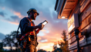 A photograph of a lighting contractor installing a solar black light in an outdoor setting