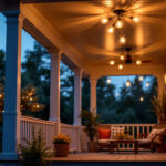 A photograph of a beautifully illuminated outdoor porch featuring stylish ceiling lights in a cozy