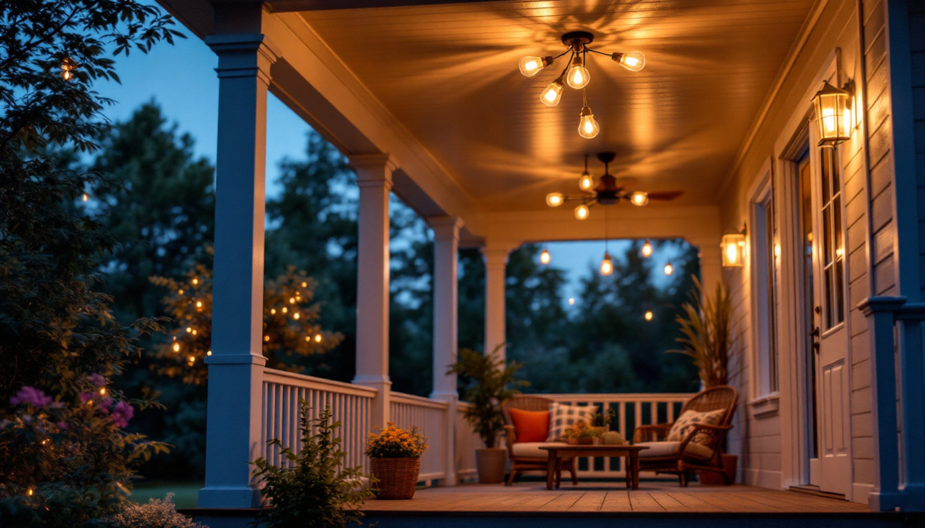 A photograph of a beautifully illuminated outdoor porch featuring stylish ceiling lights in a cozy
