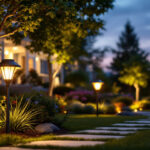 A photograph of a beautifully landscaped outdoor space illuminated by stylish solar yard lights at dusk