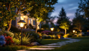 A photograph of a beautifully landscaped outdoor space illuminated by stylish solar yard lights at dusk