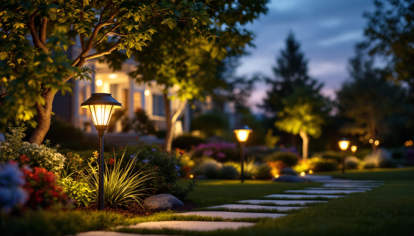 A photograph of a beautifully landscaped outdoor space illuminated by stylish solar yard lights at dusk