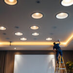A photograph of a well-lit room showcasing a variety of 2-inch recessed lights installed in a modern ceiling