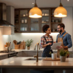 A photograph of a modern kitchen showcasing stylish led lighting fixtures