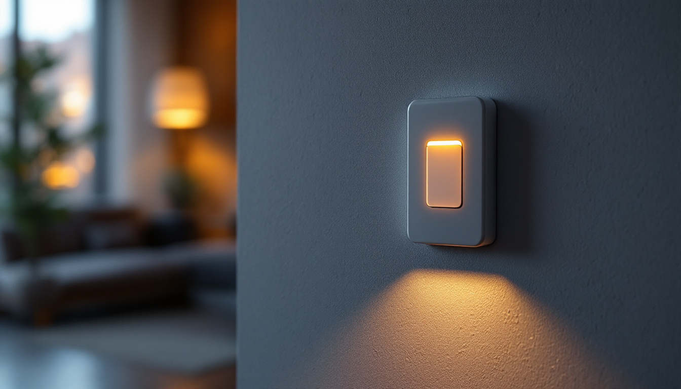 A photograph of a modern light switch with an integrated led light