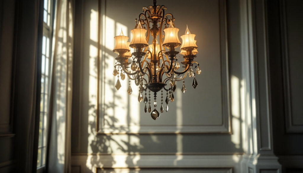 A photograph of a beautifully lit room featuring an elegant chandelier